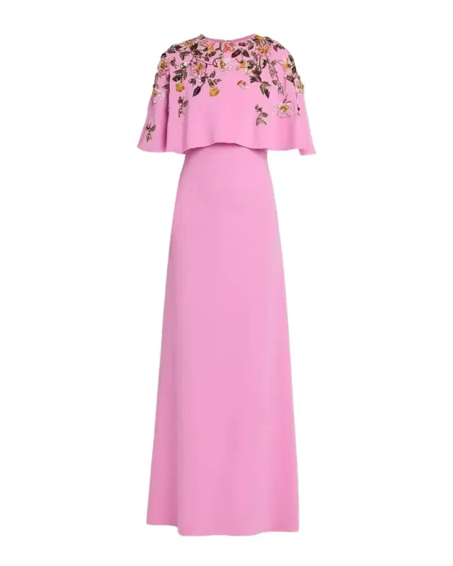 Oscar de la Renta Floral Beaded Capelet Silk Georgette Gown