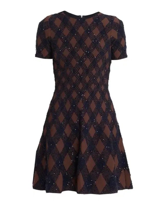 Oscar de la Renta Shimmering Argyle Knit Short-Sleeve Mini Dress