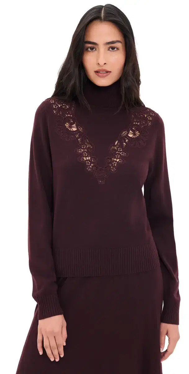 Zimmermann Valiant Merino Wool Lace Turtleneck Sweater Mahogany