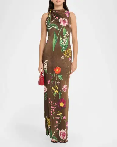 Oscar de la Renta Twisted Sleeveless Mixed Botanical Jersey Column Gown | Thumbnail 2 Oscar de la Renta Twisted Sleeveless Mixed Botanical Jersey Column Gown | Thumbnail 2