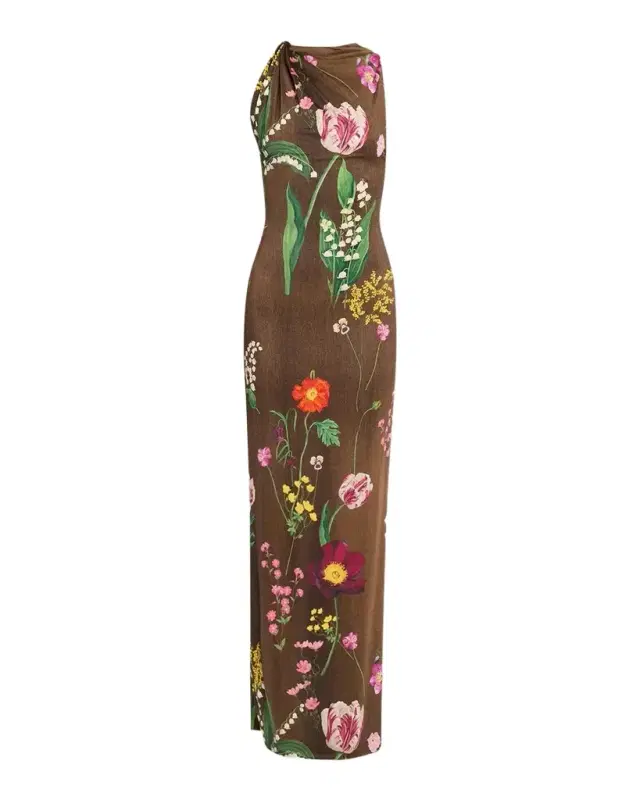 Twisted Sleeveless Mixed Botanical Jersey Column Gown