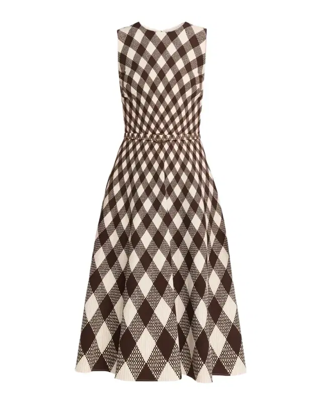 Oscar de la Renta Sleeveless Argyle Wool Belted Midi Dress