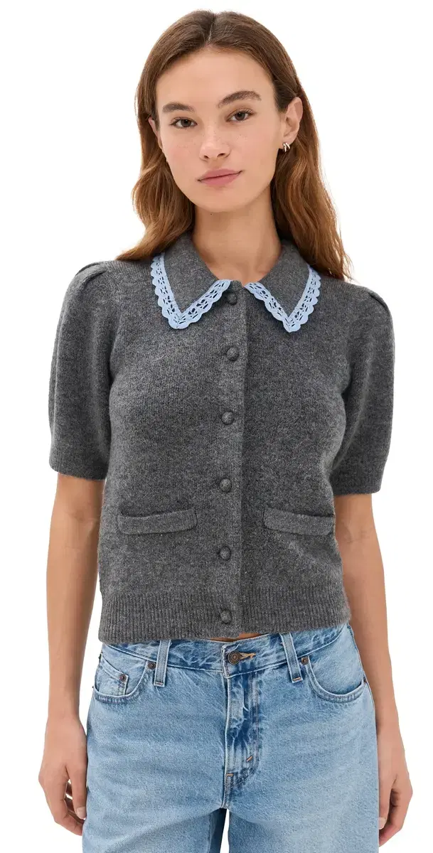 English Factory ace Trimmed Puff Sleeve Knit Cardigan Heather Grey