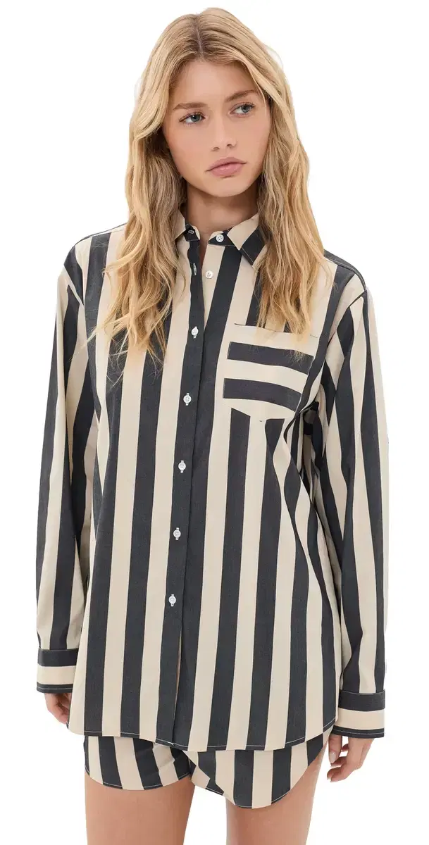 Solid & Striped The Avril Button Down Shirt Noir/Khaki tripe