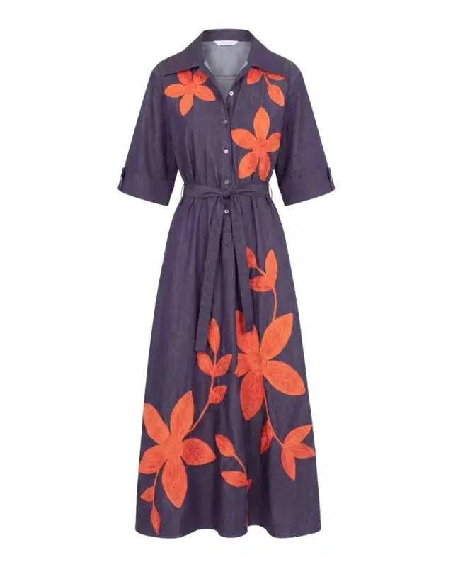 Savana Floral Applique Denim Midi Shirtdress