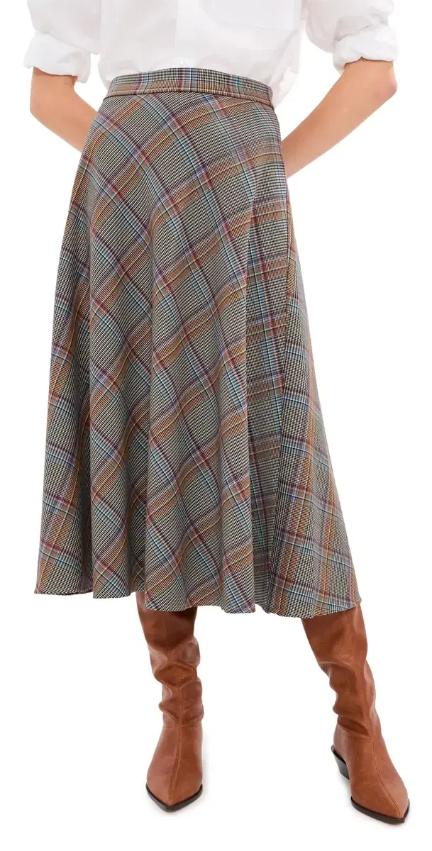 LE BOP Myrtle Circle Midi Skirt Taupe/Purple Plaid