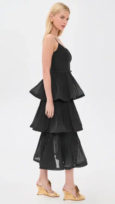 Zimmermann Pleated Tiered Midi Dress Bottle Green | Thumbnail 4