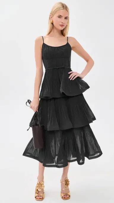 Zimmermann Pleated Tiered Midi Dress Bottle Green | Thumbnail 5
