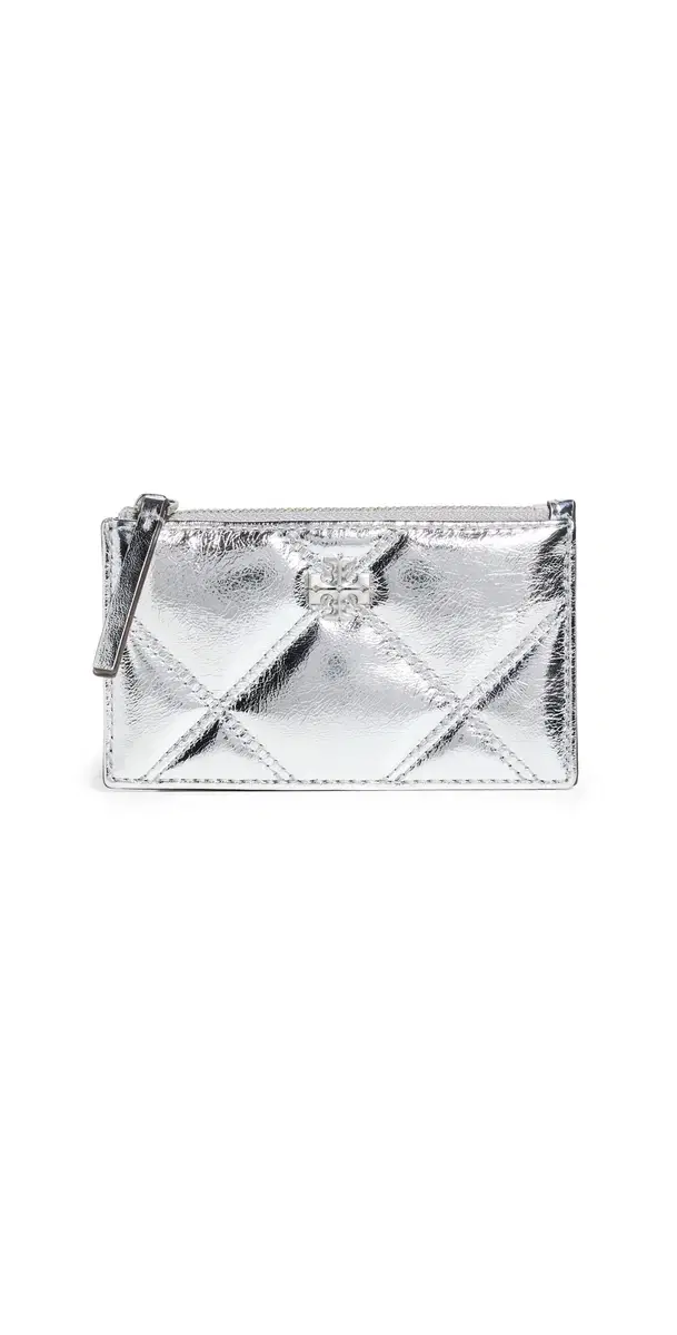Tory Burch Kira Metallic Diamond Quilt Zip Card Case Silver One Size