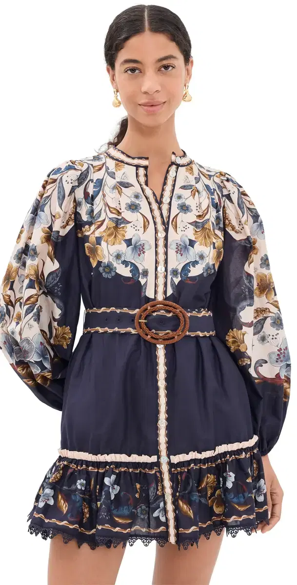 Farm Rio Belted Pattern Mini Dress Golden Nature Navy Blue