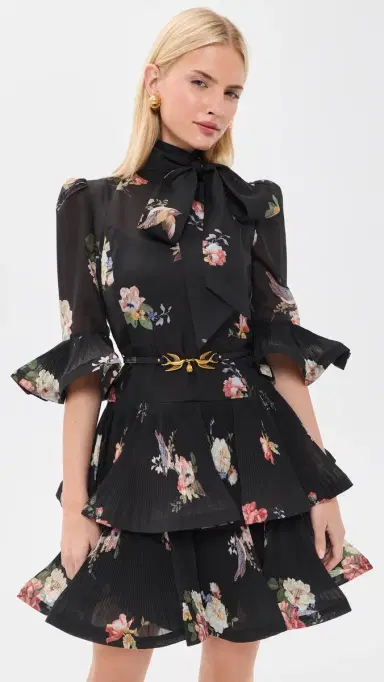 Zimmermann Pleated Sleeved Mini Dress Black Bird Print | Thumbnail 2