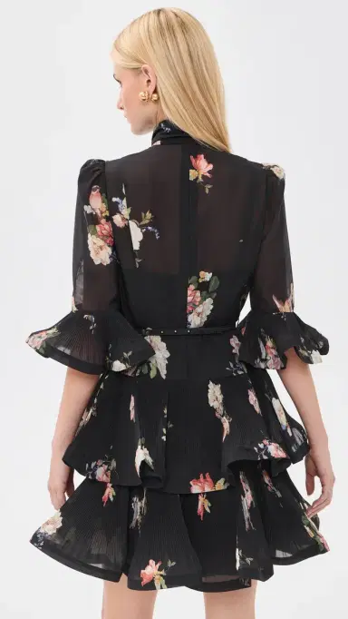Zimmermann Pleated Sleeved Mini Dress Black Bird Print | Thumbnail 3