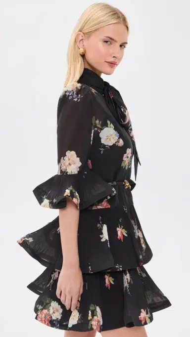 Zimmermann Pleated Sleeved Mini Dress Black Bird Print | Thumbnail 4
