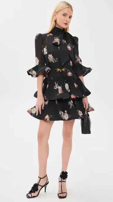Zimmermann Pleated Sleeved Mini Dress Black Bird Print | Thumbnail 5