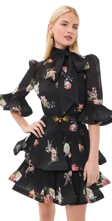 Zimmermann Pleated Sleeved Mini Dress Black Bird Print | Thumbnail 1