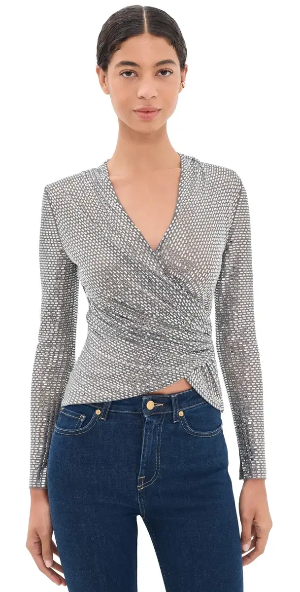 Self Portrait Rhinestone Mesh Wrap Top Grey