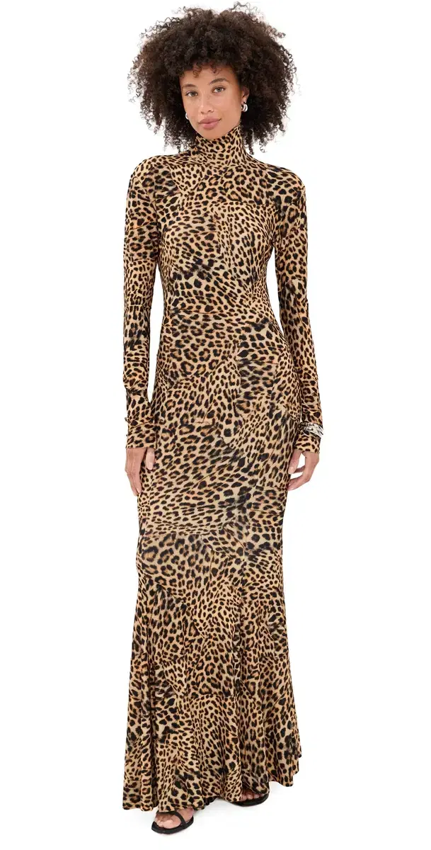Norma Kamali Long Sleeve Turtle Fishtail Gown Cheetah Patch