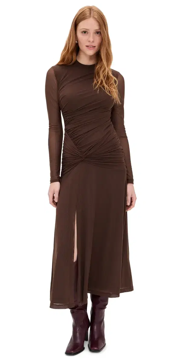 Wayf Selene Ruched Long Sleeve Dress Chocolate