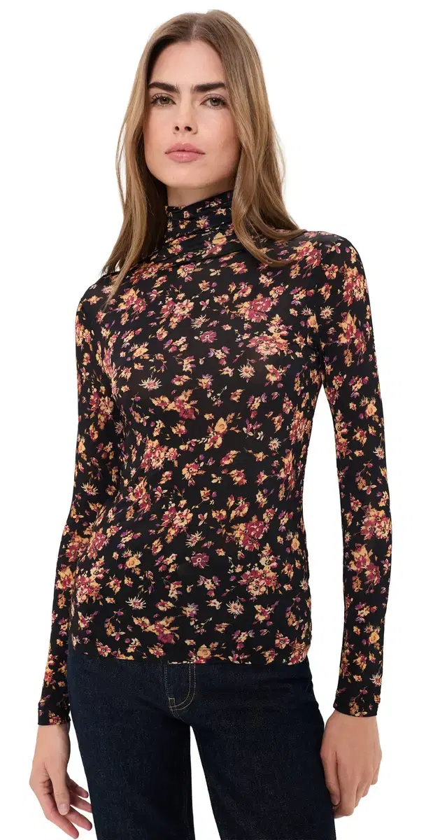 Ulla Johnson Aurelia ong Sleeve Jersey Top Noir Floral