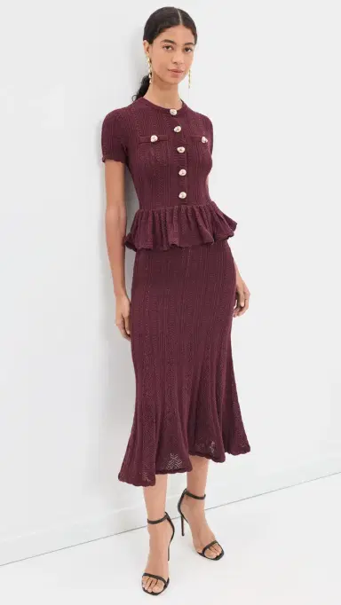 Self-Portrait Pointelle Peplum Knit Midi Dress | Thumbnail 2 Self-Portrait Pointelle Peplum Knit Midi Dress | Thumbnail 2