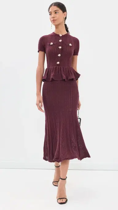 Self-Portrait Pointelle Peplum Knit Midi Dress | Thumbnail 5 Self-Portrait Pointelle Peplum Knit Midi Dress | Thumbnail 5