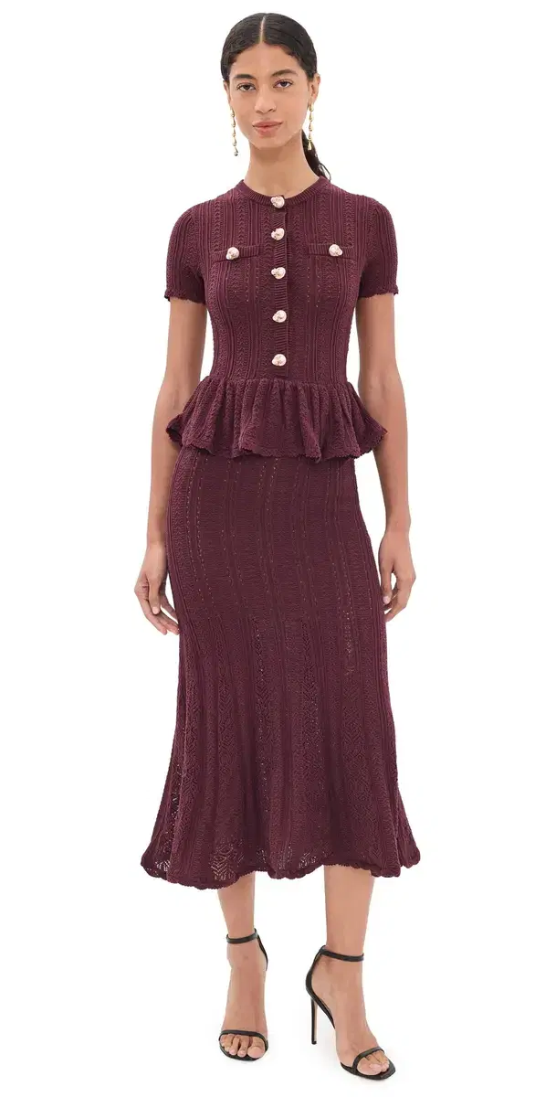 Self Portrait Pointelle Peplum Knit Midi Dress Burgundy