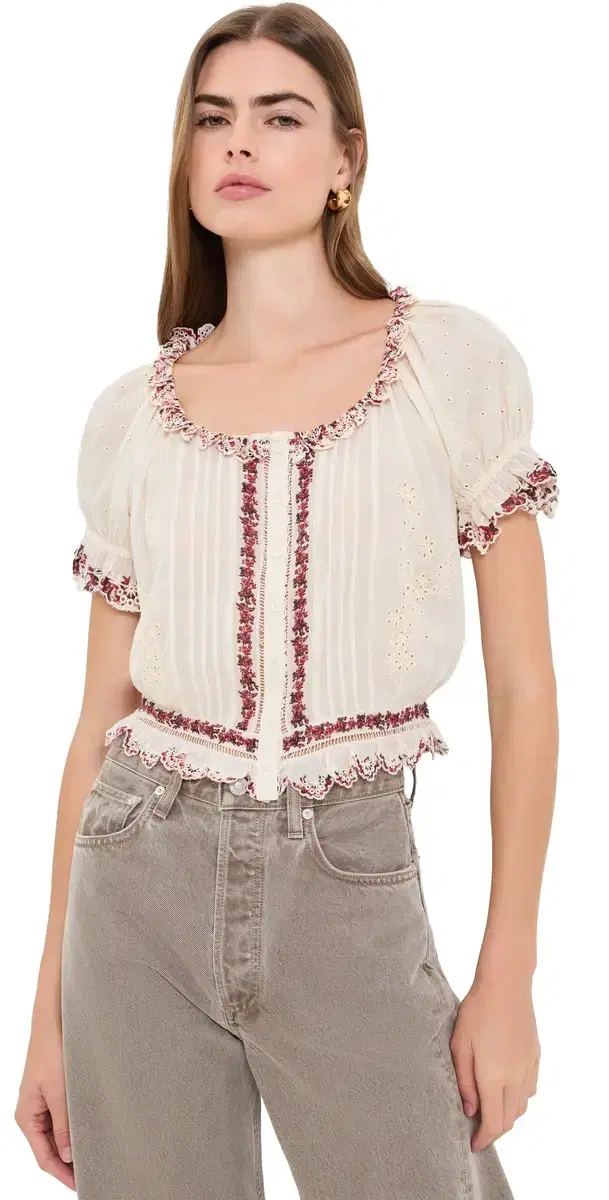 Alice + Olivia Mclaine Embr Puff Sleeve Cropped Blouse Orchard Glow