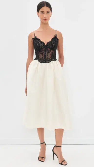 Self-Portrait Taffeta Contrast Lace Midi Dress Cream | Thumbnail 2 Self-Portrait Taffeta Contrast Lace Midi Dress Cream | Thumbnail 2