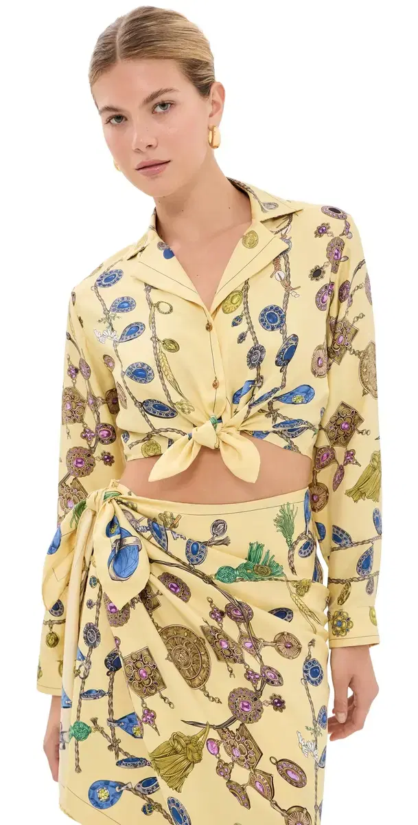 Versace Printed Crop Silk Twill Shirt Burro/Azur/Gold