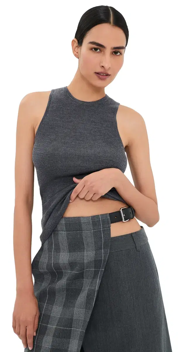 Tibi Feather Weight Ribbed Cut Out Tank Charcoal Grey