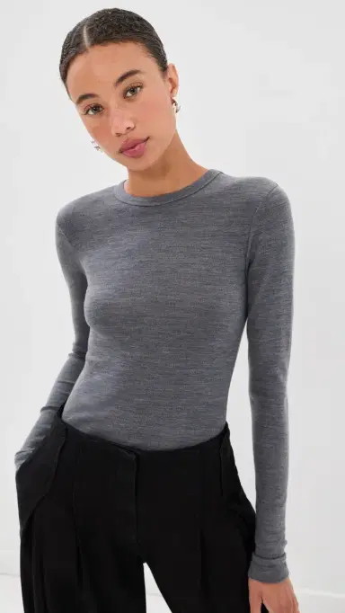 RÓHE Fine Merino Wool Tee Mid Grey Melange | Thumbnail 3
