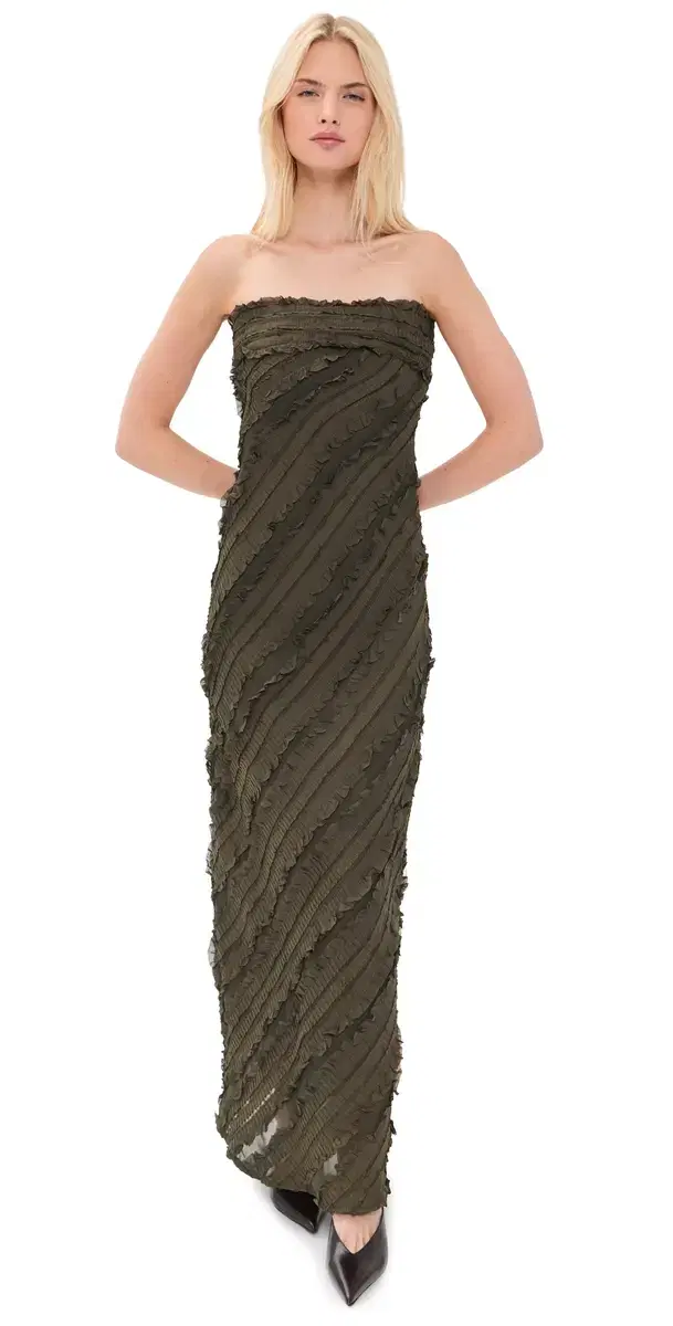 endless rose trapless Ruffled Maxi Dress Olive Brown
