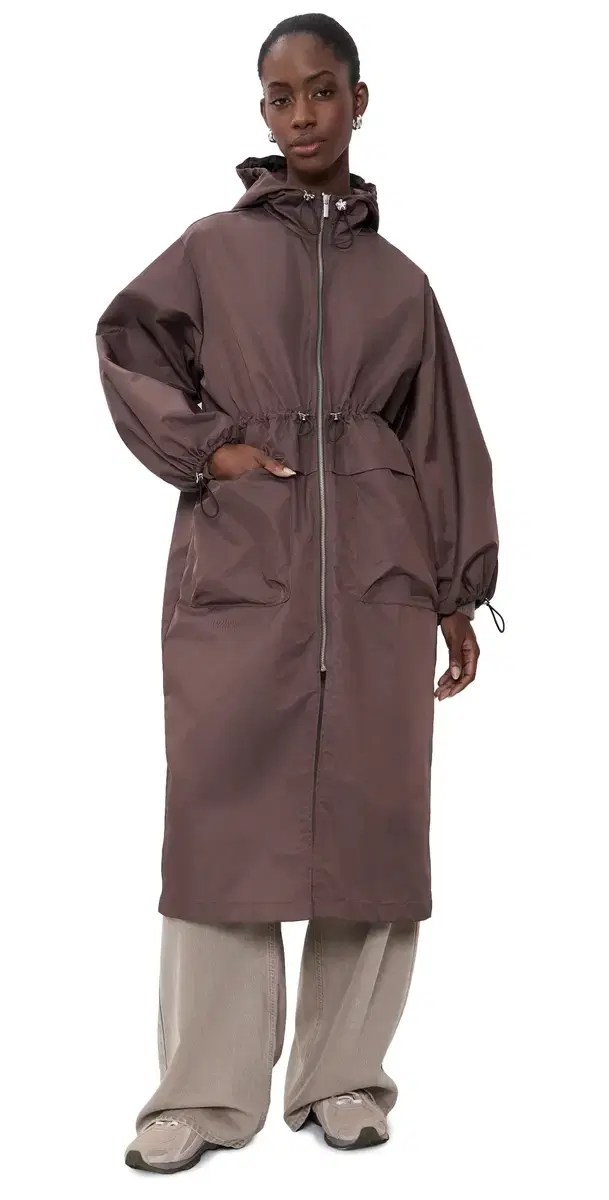 MEIMEIJ Techno Long Jacket with Hood and Cinched Waist Chocolate Lab