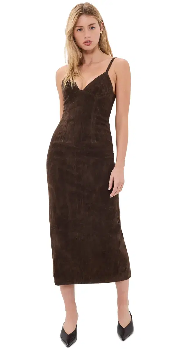 Bardot Estine Faux Suede Midi Dress Dark Choco