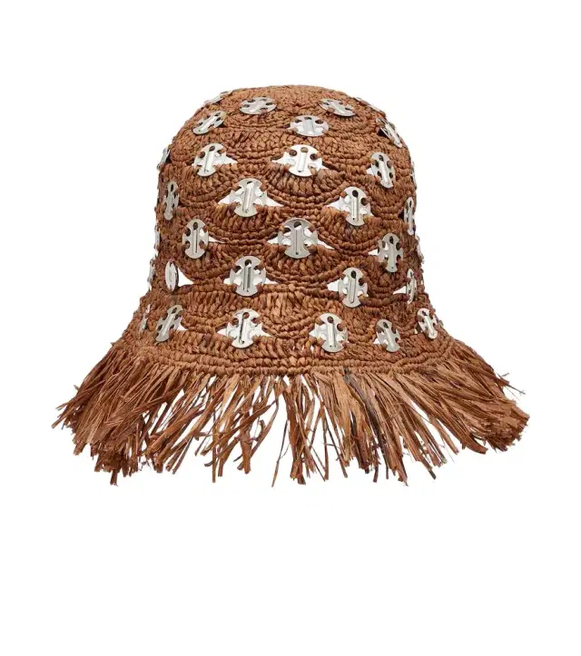 Rabanne Fringed studded raffia bucket hat