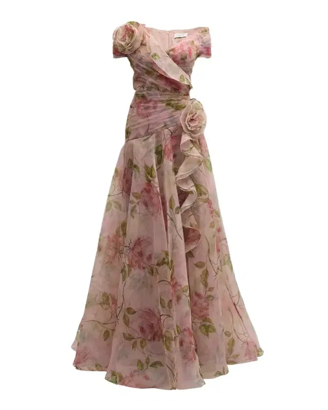 Rickie Freeman for Teri Jon Pleated Off-Shoulder Floral-Print Organza Gown