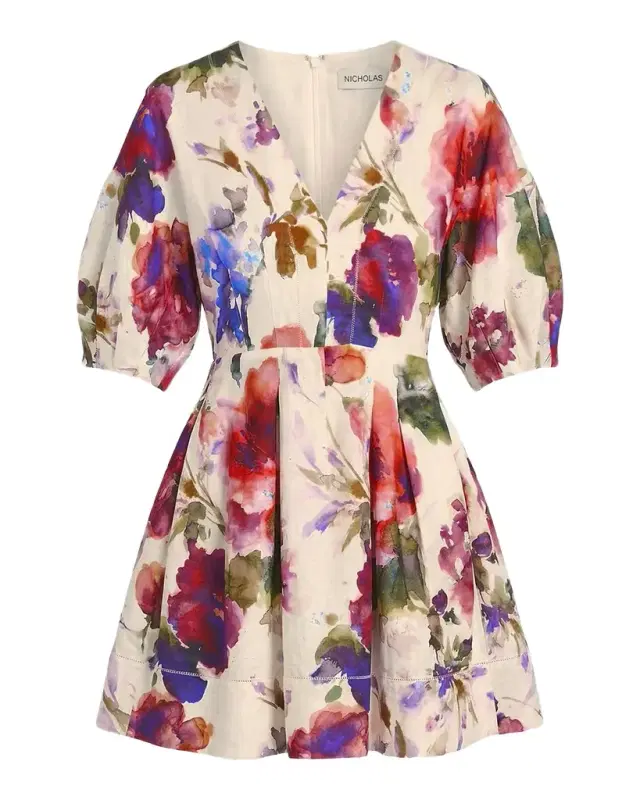 NICHOLAS Josefa Pleated Puff-Sleeve Linen Mini Dress