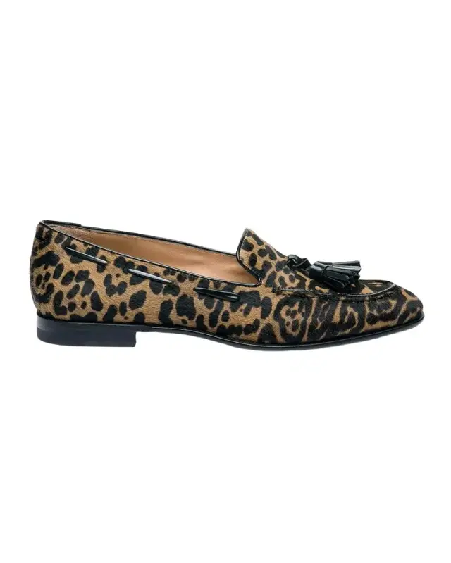 Santoni Leopard Calf Hair Tassel Loafers
