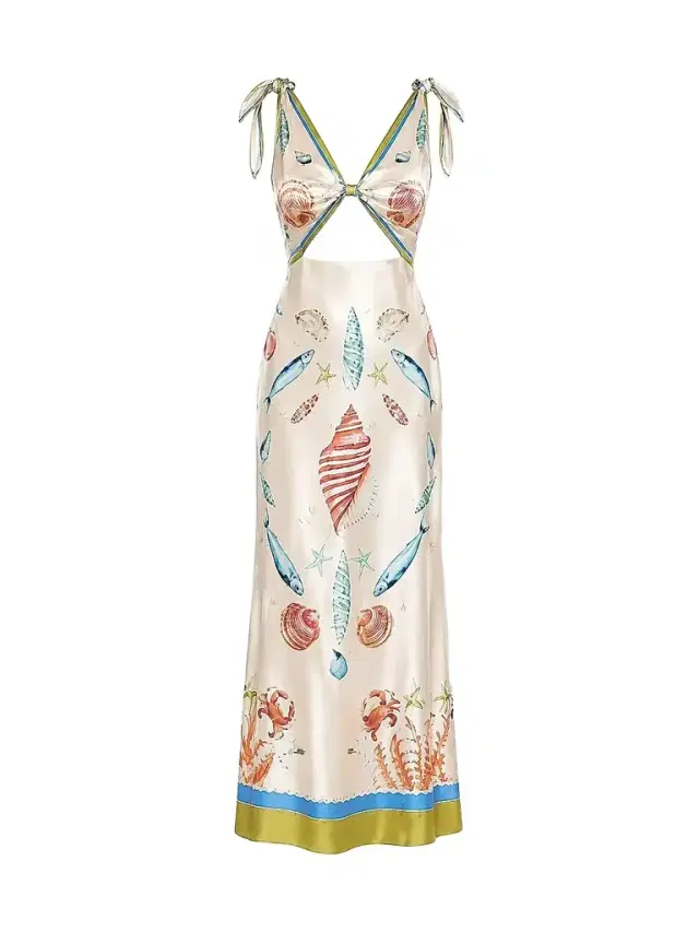 Retrofête Women's Carlotte Seashell-Print Silk Satin Midi Dress - Lacqua Marine