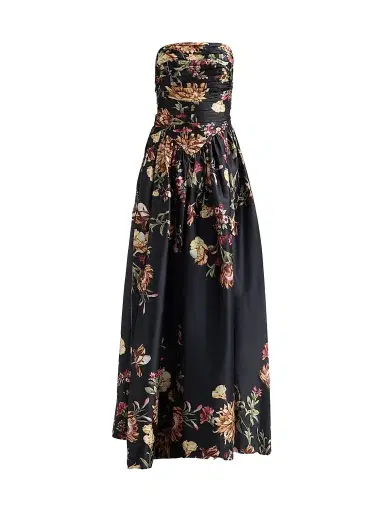 Hemant & Nandita Women's Floral Ruched Strapless Maxi Dress - Black | Thumbnail 1 Hemant & Nandita Women's Floral Ruched Strapless Maxi Dress - Black | Thumbnail 1