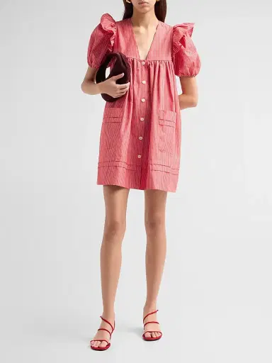 Ganni Women's Oxford Stripe Angel Minidress - High Risk Red | Thumbnail 2