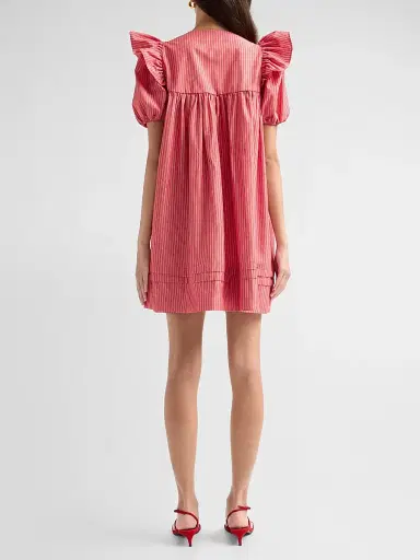 Ganni Women's Oxford Stripe Angel Minidress - High Risk Red | Thumbnail 3