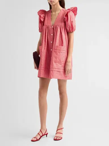 Ganni Women's Oxford Stripe Angel Minidress - High Risk Red | Thumbnail 4