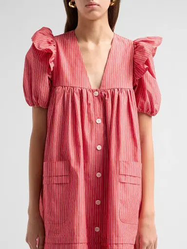 Ganni Women's Oxford Stripe Angel Minidress - High Risk Red | Thumbnail 5