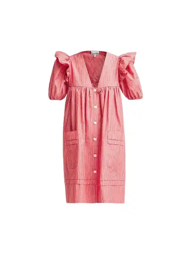 Ganni Women's Oxford Stripe Angel Minidress - High Risk Red | Thumbnail 1