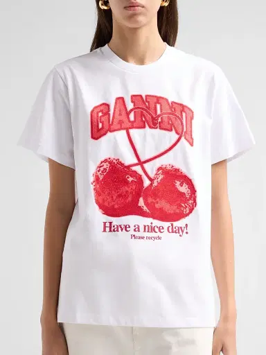 Ganni Women's Cherry Cotton Crewneck T-Shirt - Bright White | Thumbnail 5