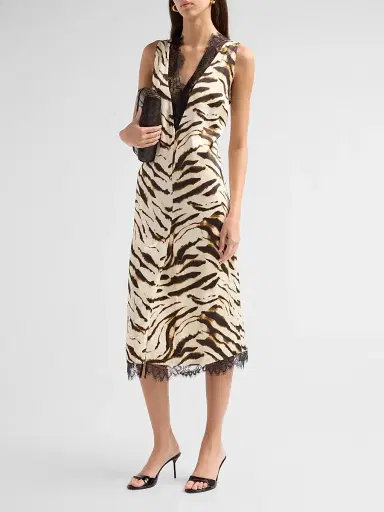 Ganni Women's Printed Satin V-Neck Midi Dress - Egret | Thumbnail 4