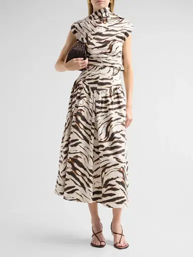 Ganni Women's Zebra Print Stretch-Cotton Midi Skirt - Egret | Thumbnail 2