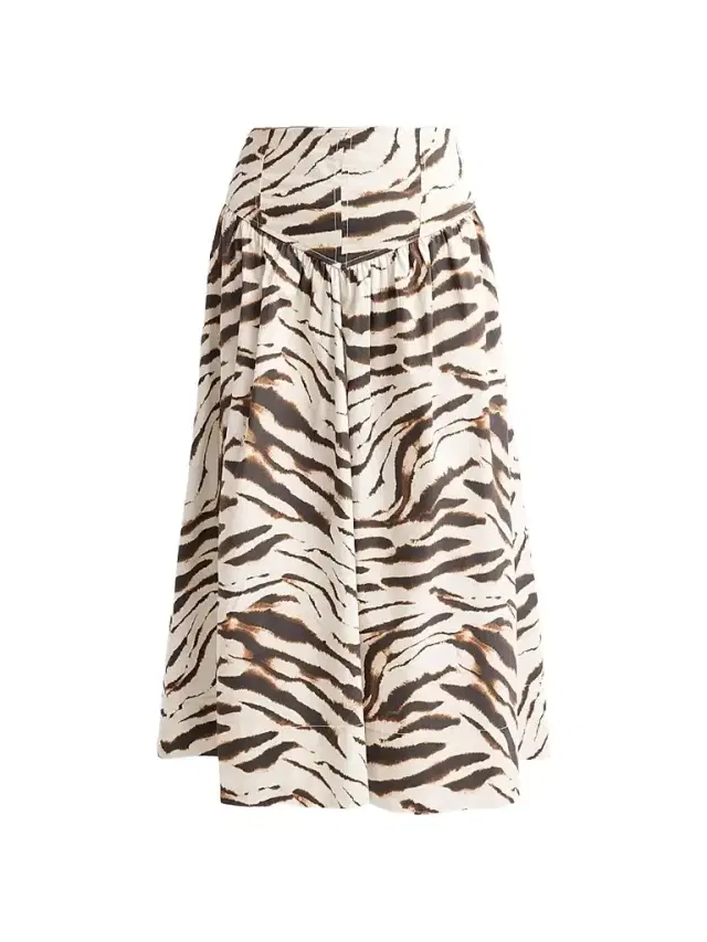 Ganni Women's Zebra Print Stretch-Cotton Midi Skirt - Egret