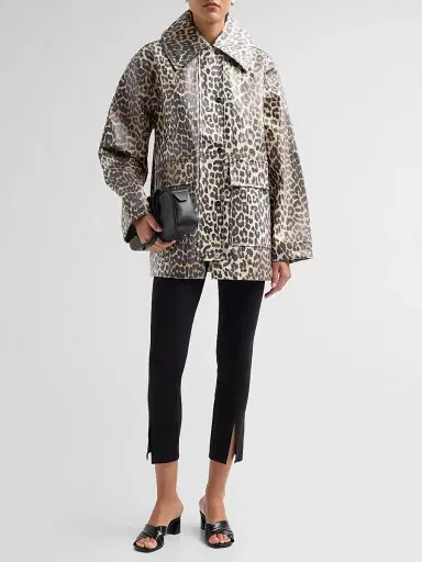 Ganni Women's Laminated Leopard-Print Cotton Canvas Jacket - Almond Milk | Thumbnail 2